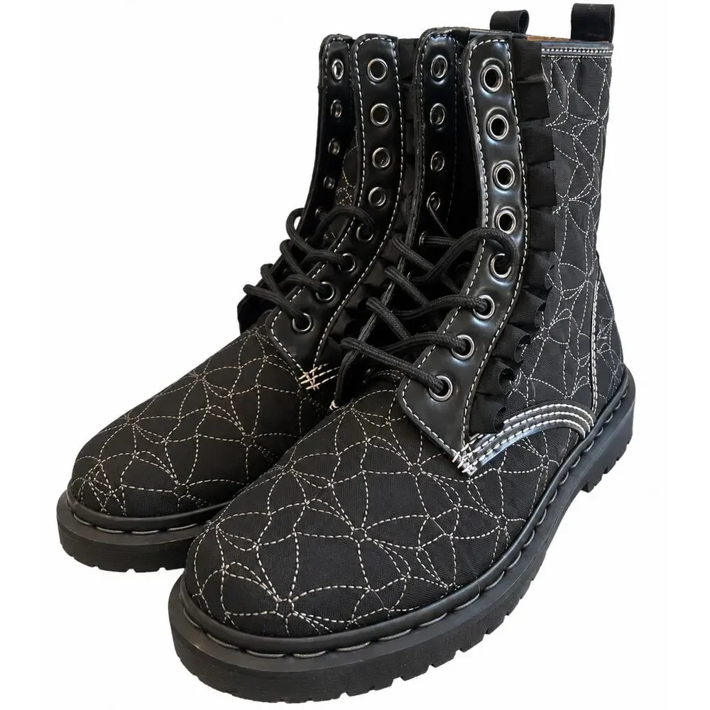 Dr. Martens 1460 Frill Lace-Up Boots Women's 7 Black Ribbon Quilted 8 Eye NWOB